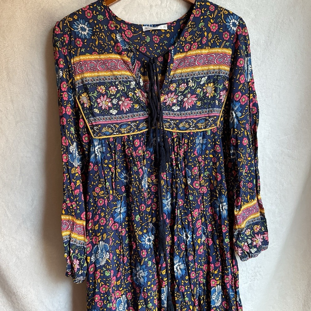 Floral Boho  Dress Womens XS Long Sleeve Midi Maxi Cottagecore Tassels - Picture 2 of 13